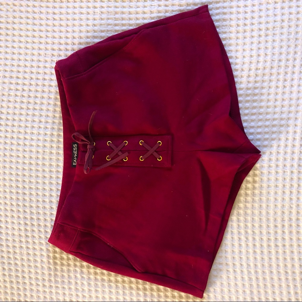 High waisted maroon short shorts lace up detail